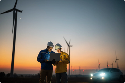 Men Outside Of A Wind Power Plant