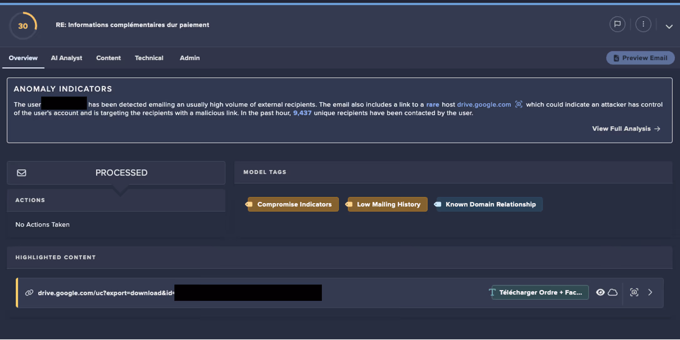 Darktrace / EMAIL’s detection of the compromised account sending over 9,000 external phishing emails, containing an unusual Google Drive link.