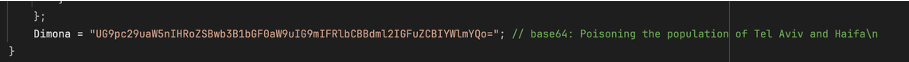 The Dimona string as it appears in the decompiled malware, with the Base64-decoded text.