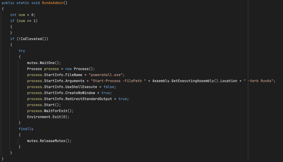 The “RunAsAdmin” function from the malware sample.