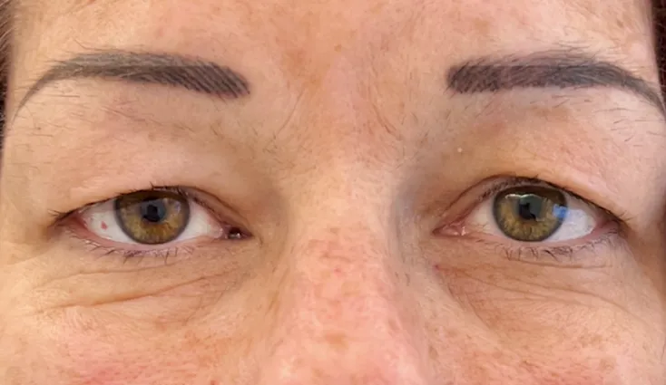 Close-up of a person’s eyes and upper nose area showing green eyes, well-defined eyebrows, and natural skin texture.
