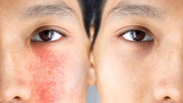Close-up of a face showing red, inflamed skin with visible capillaries on one side and clear, smooth skin on the other.
