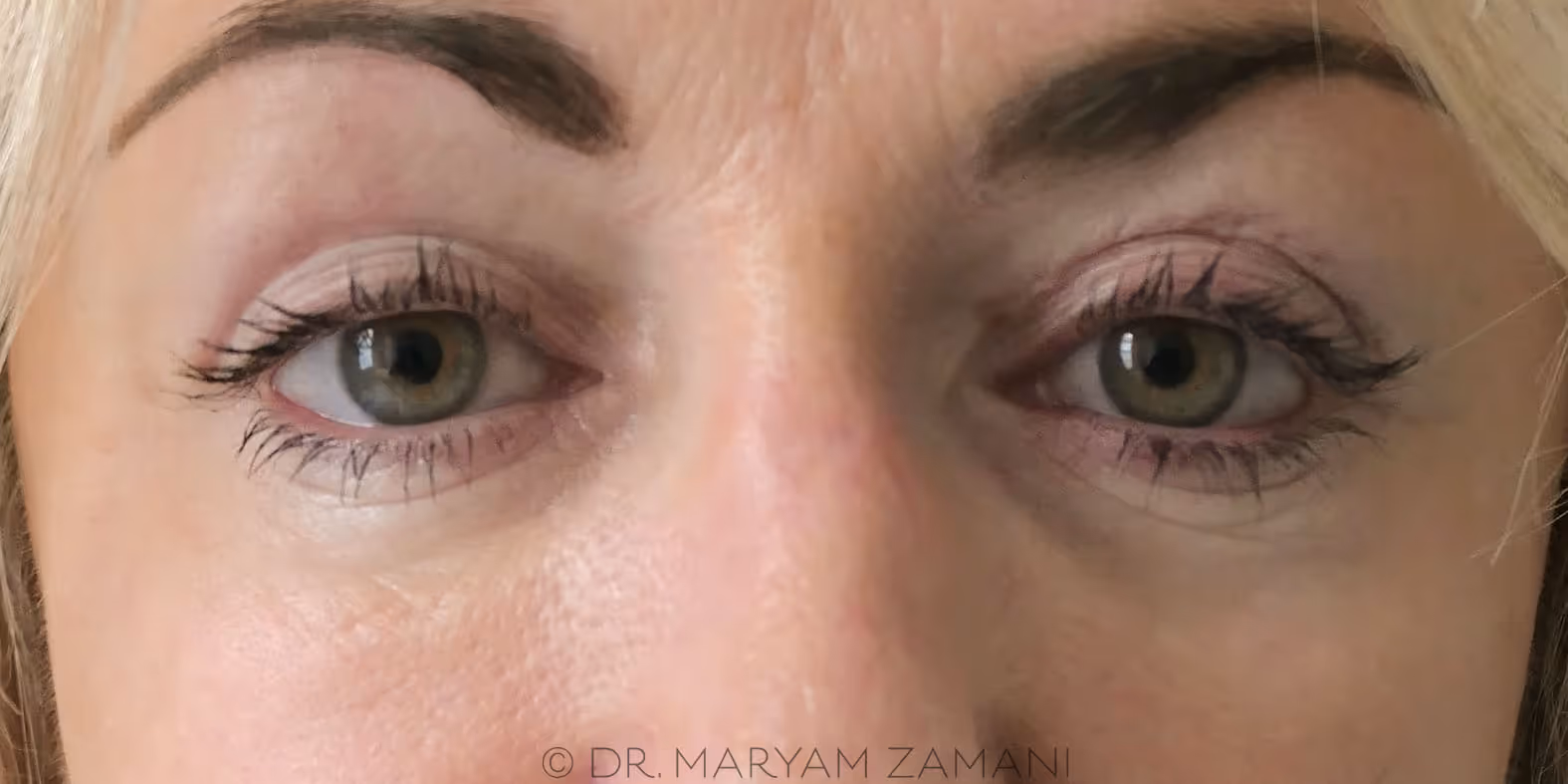 Close-up of a woman's green eyes with neatly shaped dark eyebrows and light makeup.
